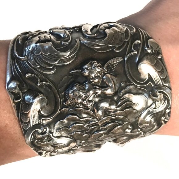 Kissing Cherub Wide Sterling Silver Cuff Bracelet Unger Brothers Angel Putti - Picture 4 of 13